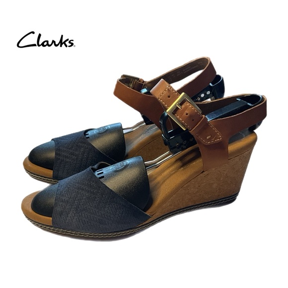 Clarks Collection Sandals Cork Wedge Open Toe Ankle Straps Blue Tan 9.5 - Picture 8 of 16